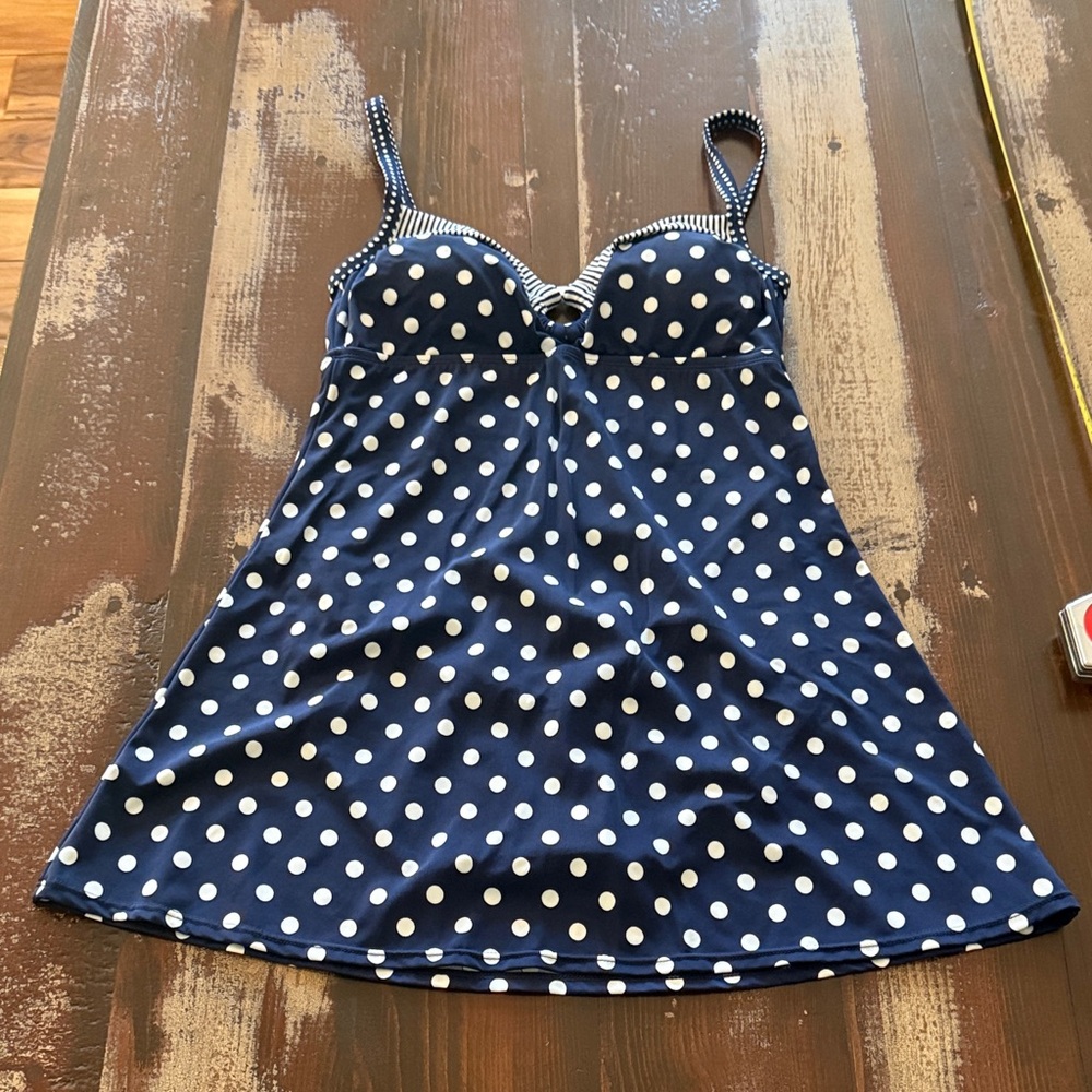Polka Dot One Piece Swimsuit Dress - Blue and White